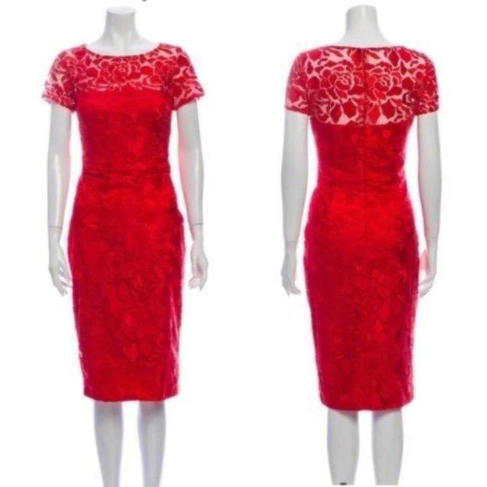 David Meister Red Lace Pattern Midi Sheath Dress